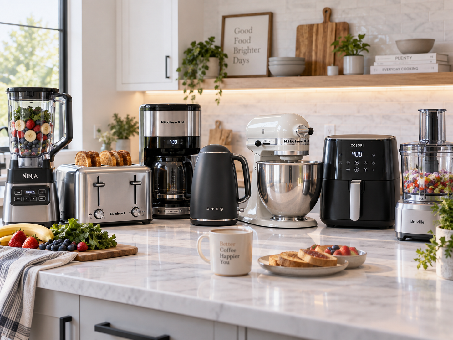 A bunch of Small kitchen appliances sitting on a countertop in kitchen