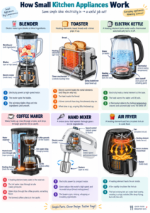 A picture of different small kitchen appliances explaining how each of them works.