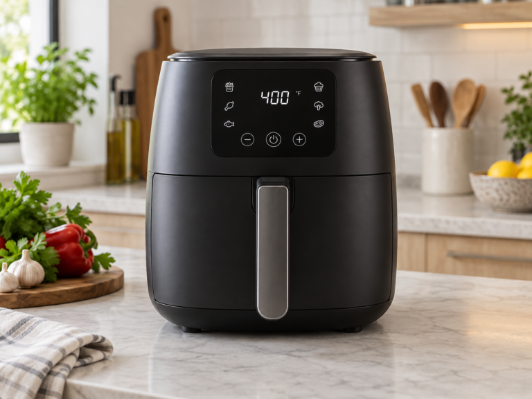 Picture of a black air fryer in a kitchen