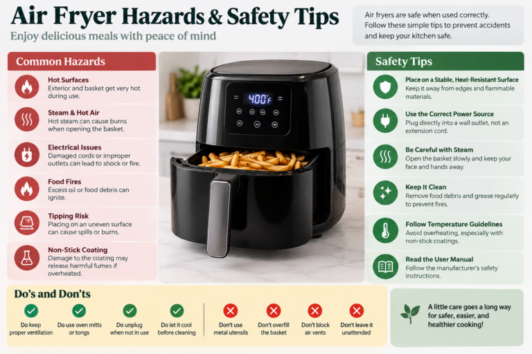 A picture of an air fryer with safety and common hazard tips