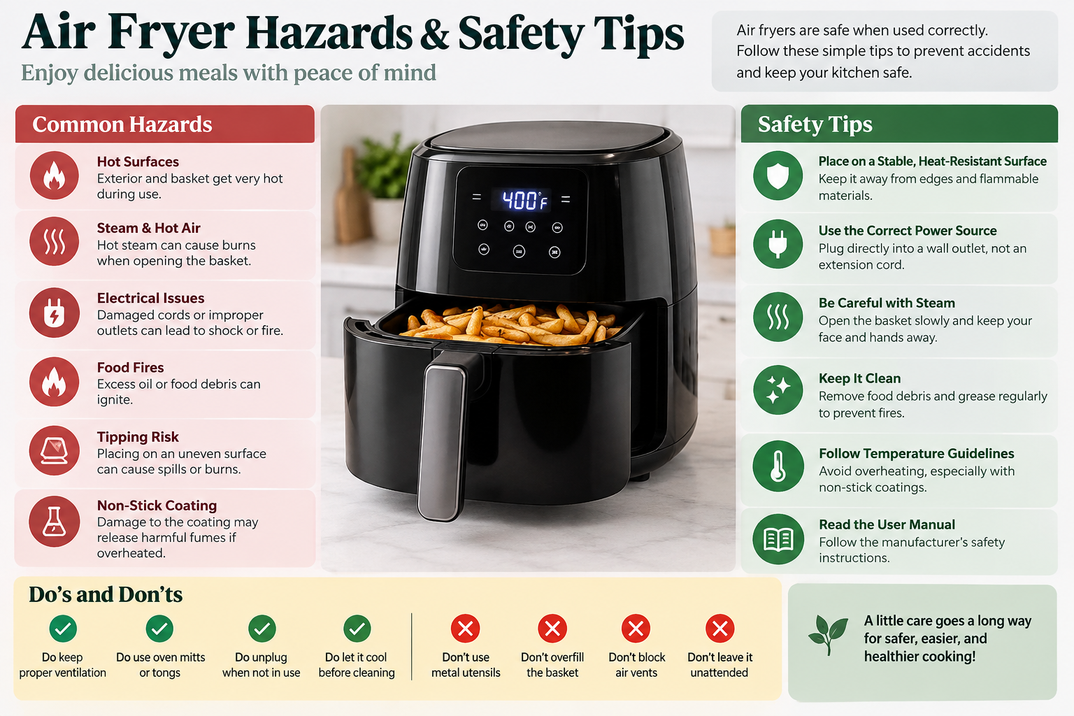 A picture of an air fryer with safety and common hazard tips