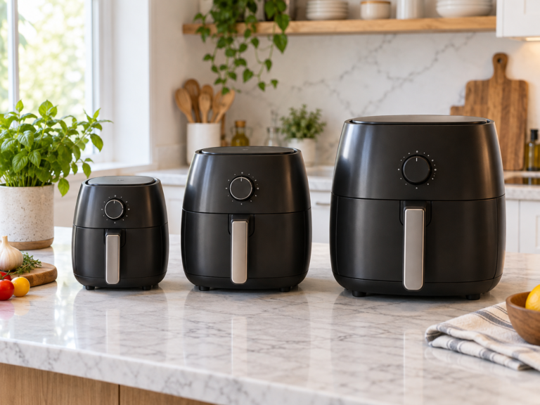 A picture of air fryers with different sizes