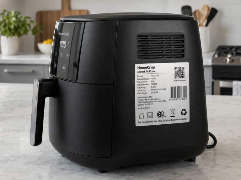 A picture of an air fryer with its label mentioning various information such as wattage.