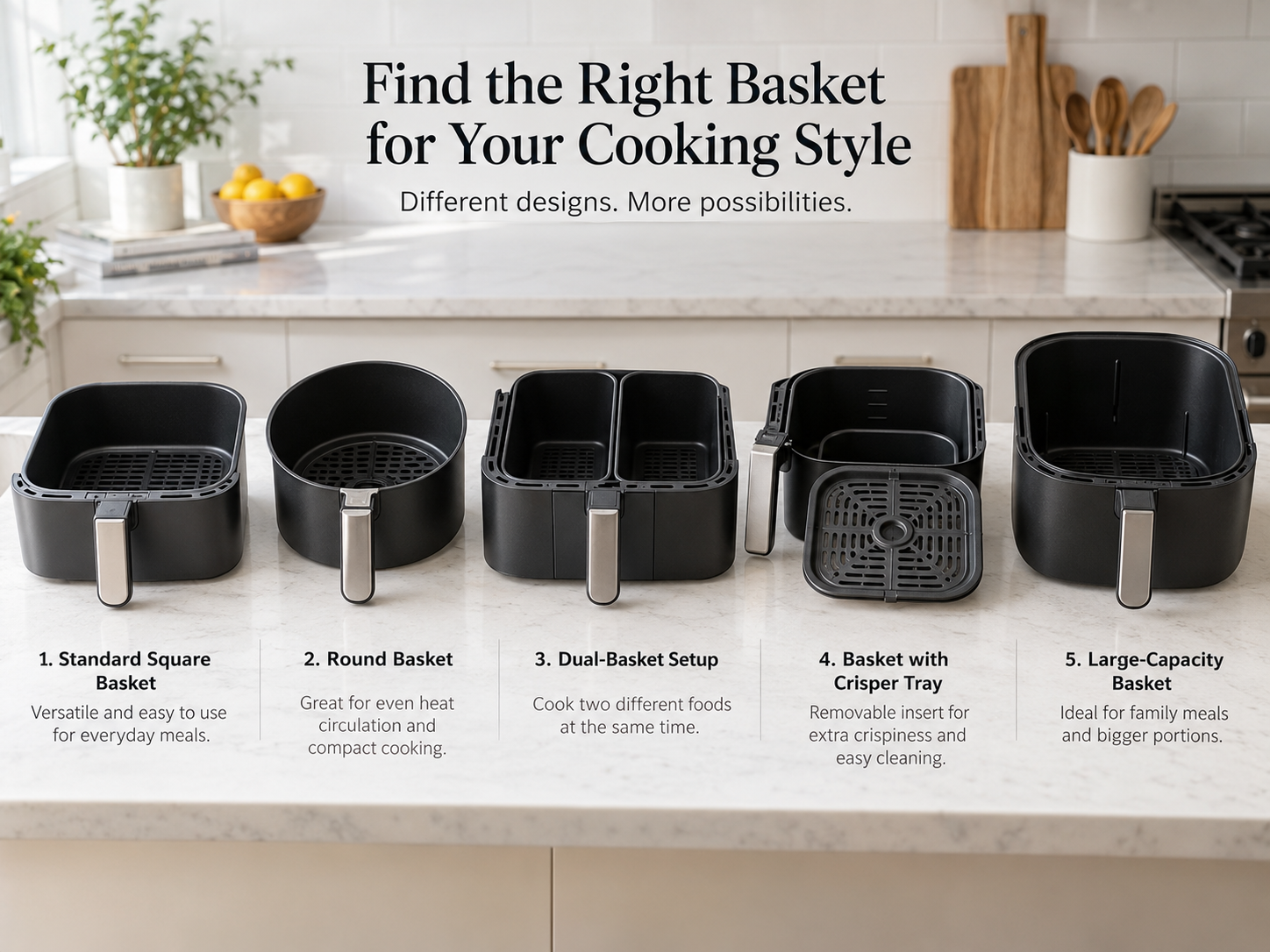 A picture showing different types of airfryer baskets